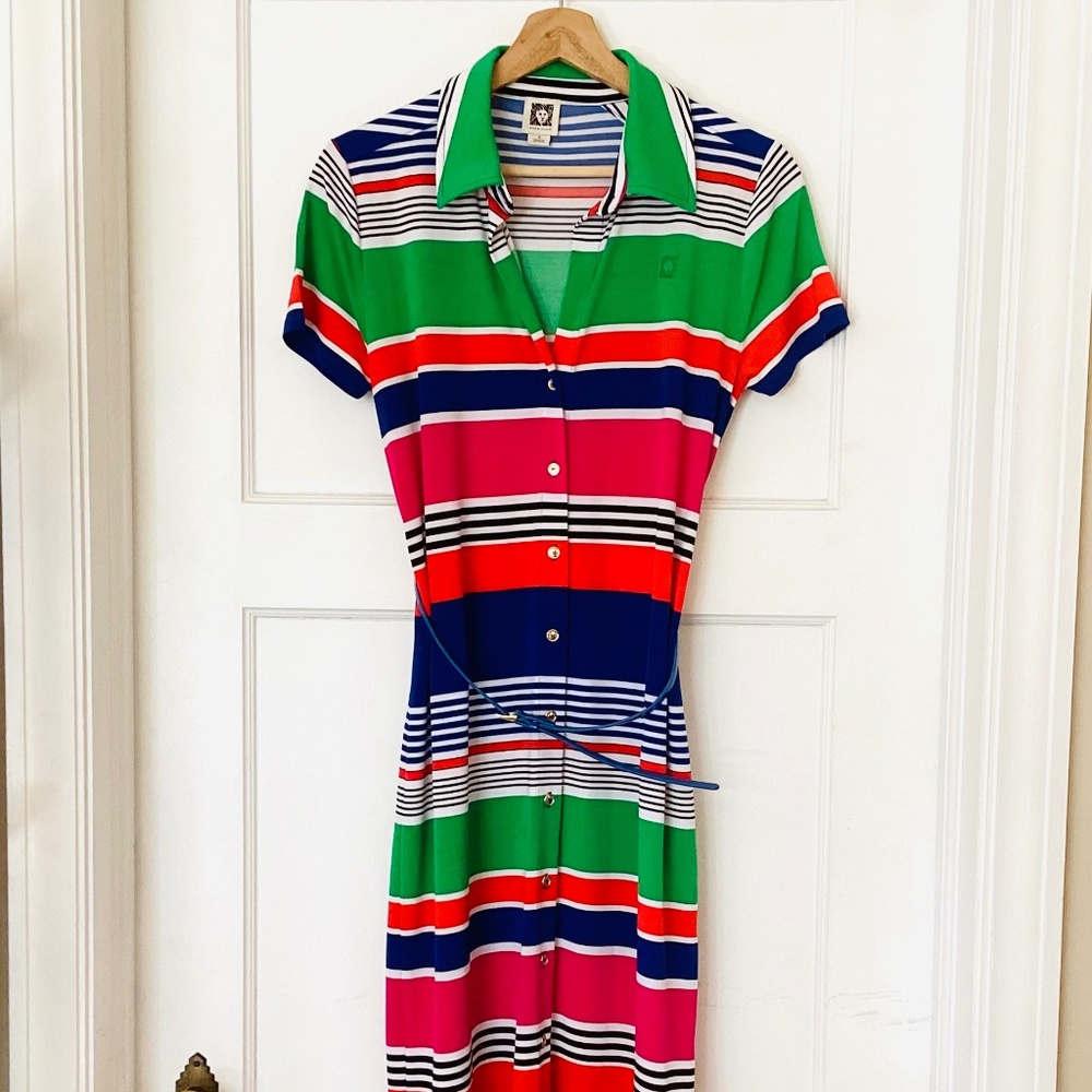 ANNE KLEIN Rainbow Striped Polo Button Front Belted Dress S Preppy Elegant Golf